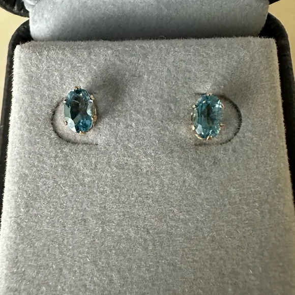 14k Solid Gold Blue Topaz Oval Post Earrings - Picture 5 of 13